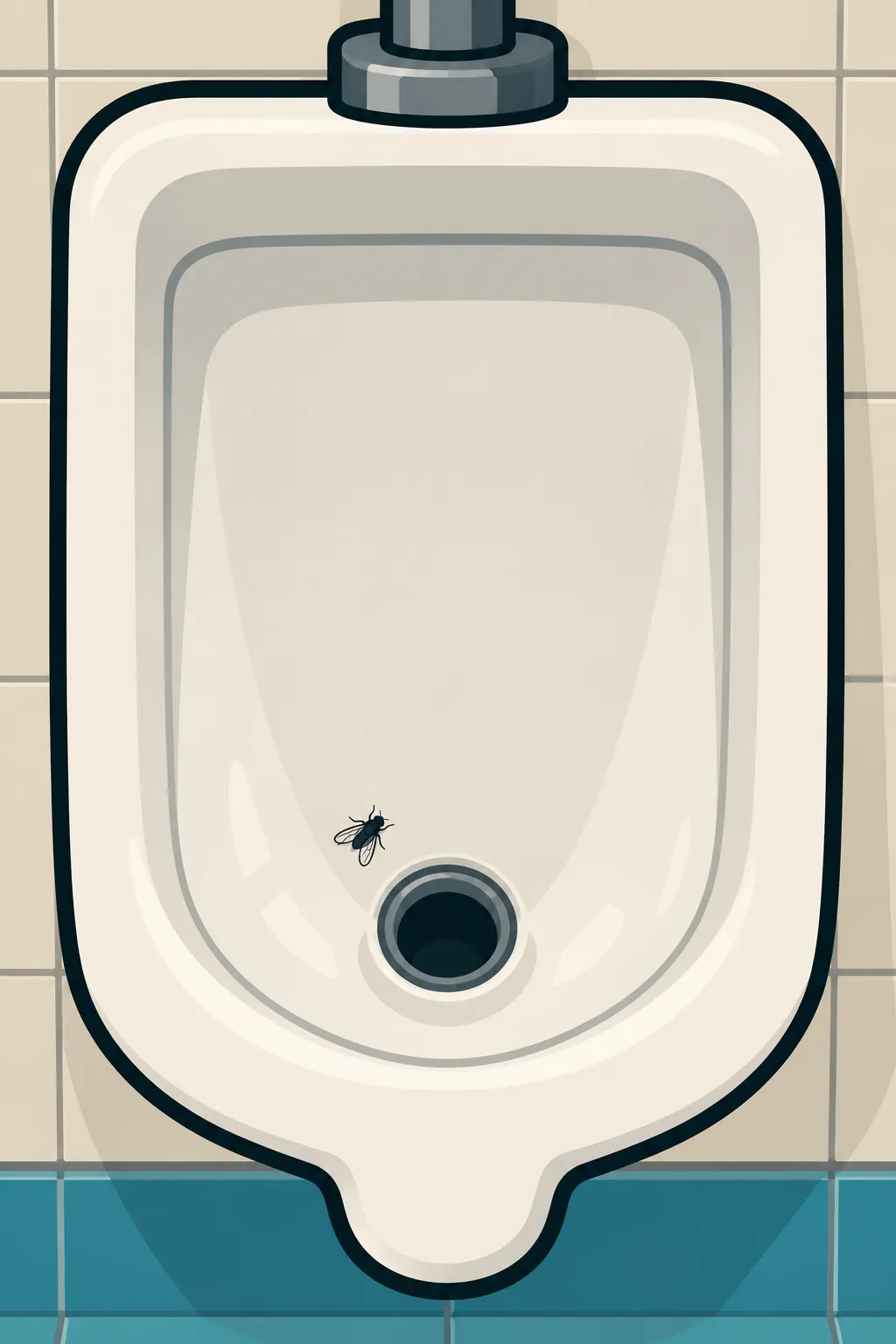 Close-up of a white urinal with a small black fly etched just left of the drain