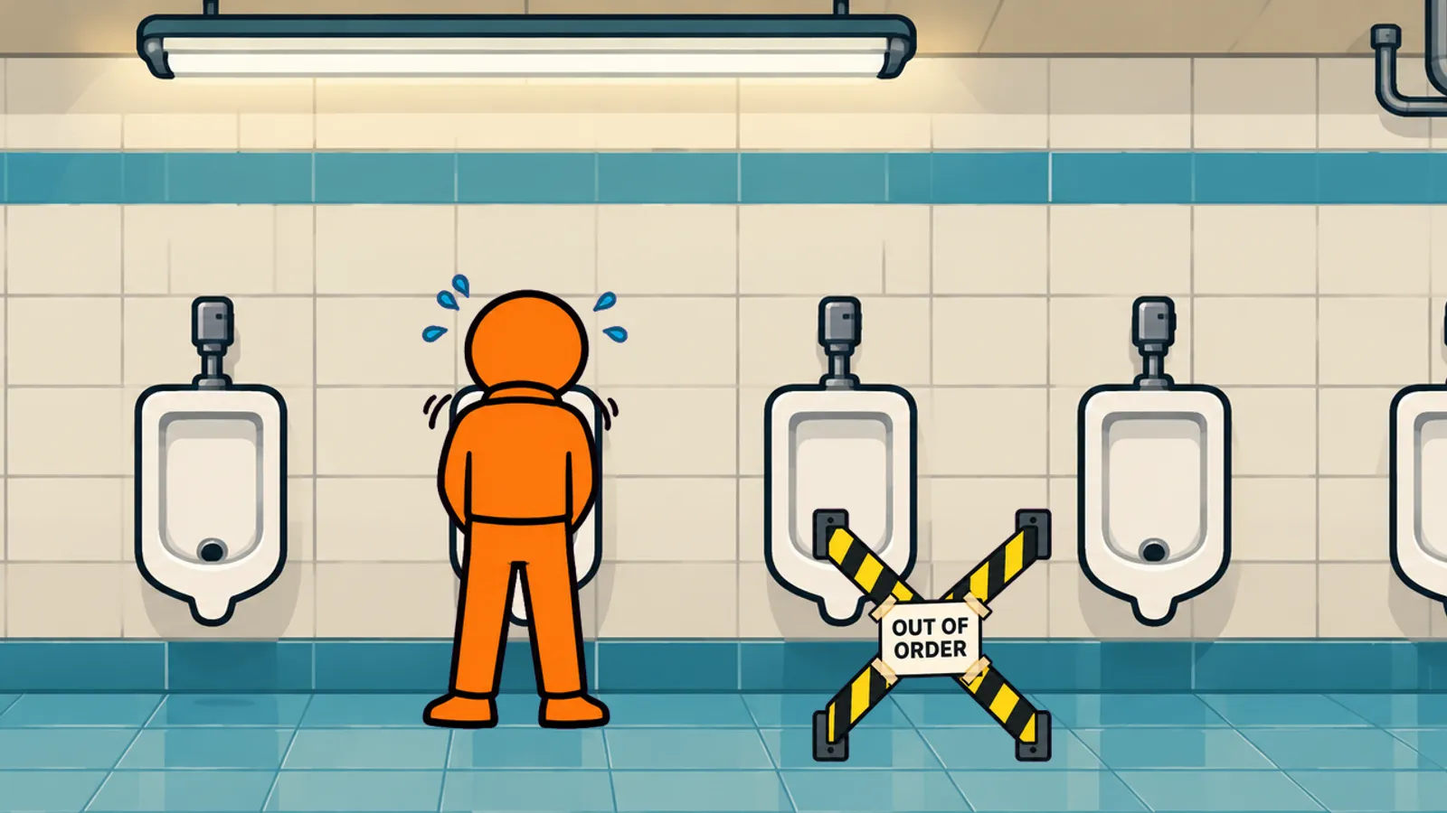 A sweating cartoon man at a urinal next to an out-of-order sign