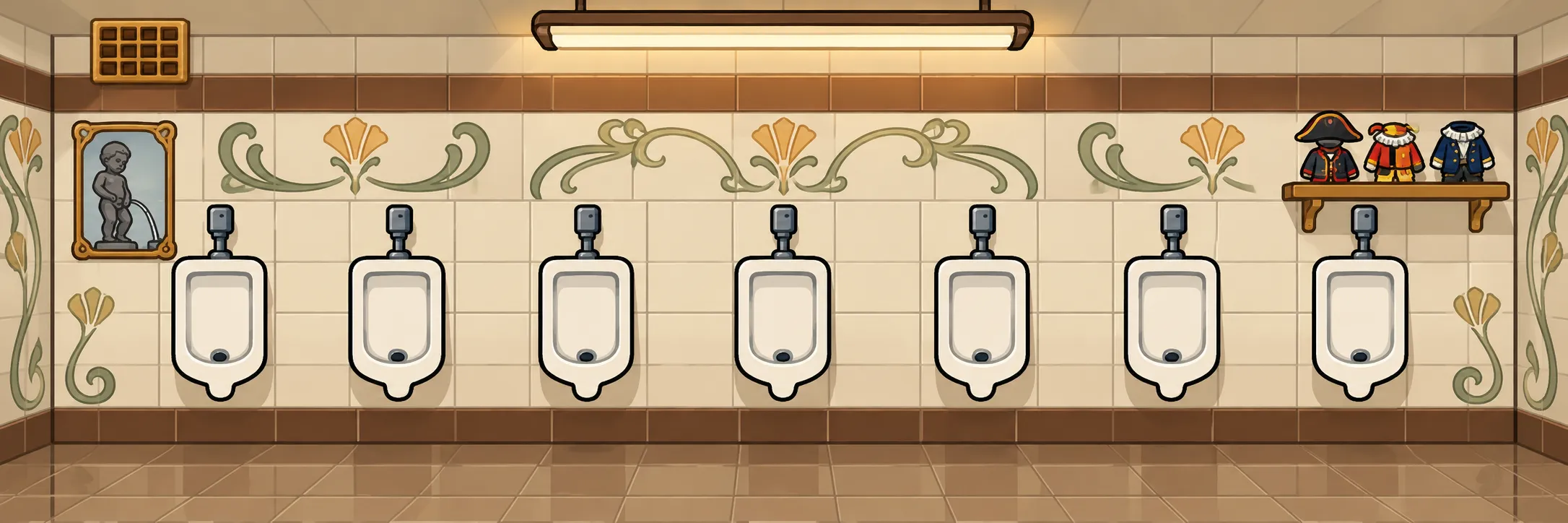 The game’s Brussels restroom: a framed Manneken Pis on the tiled wall and a shelf of his tiny costumes